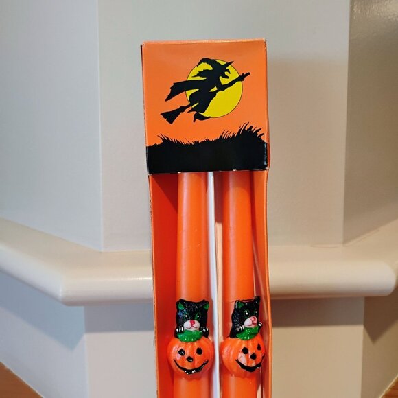 Vintage Halloween Black Cat Pumpkin Taper Candles Set Of 2 -10” Hong Kong - NOS - Picture 3 of 7